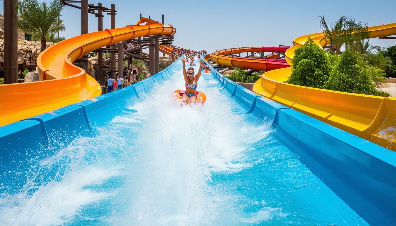 Guests enjoying thrilling water slides at Aquaventure World Dubai