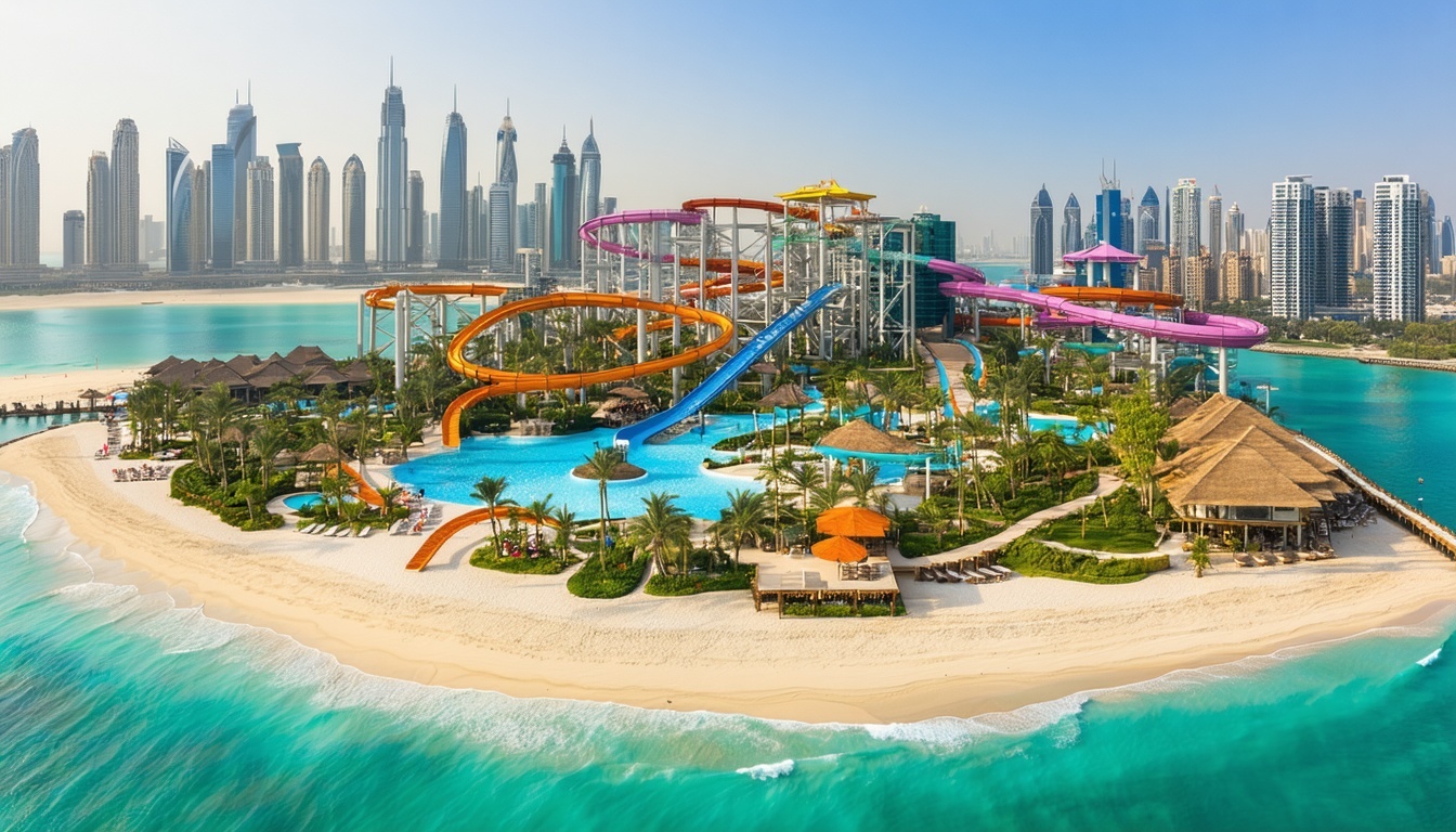 Aerial view of Aquaventure World Dubai with attractions and beachfront