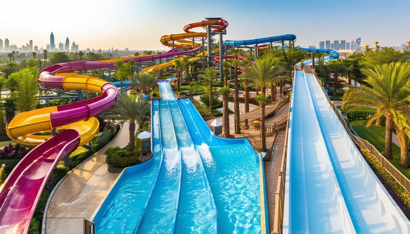 Aerial view of Aquaventure World Dubai, showcasing water slides and attractions. Aerial view of Aquaventure World Dubai, showcasing water slides and attractions.