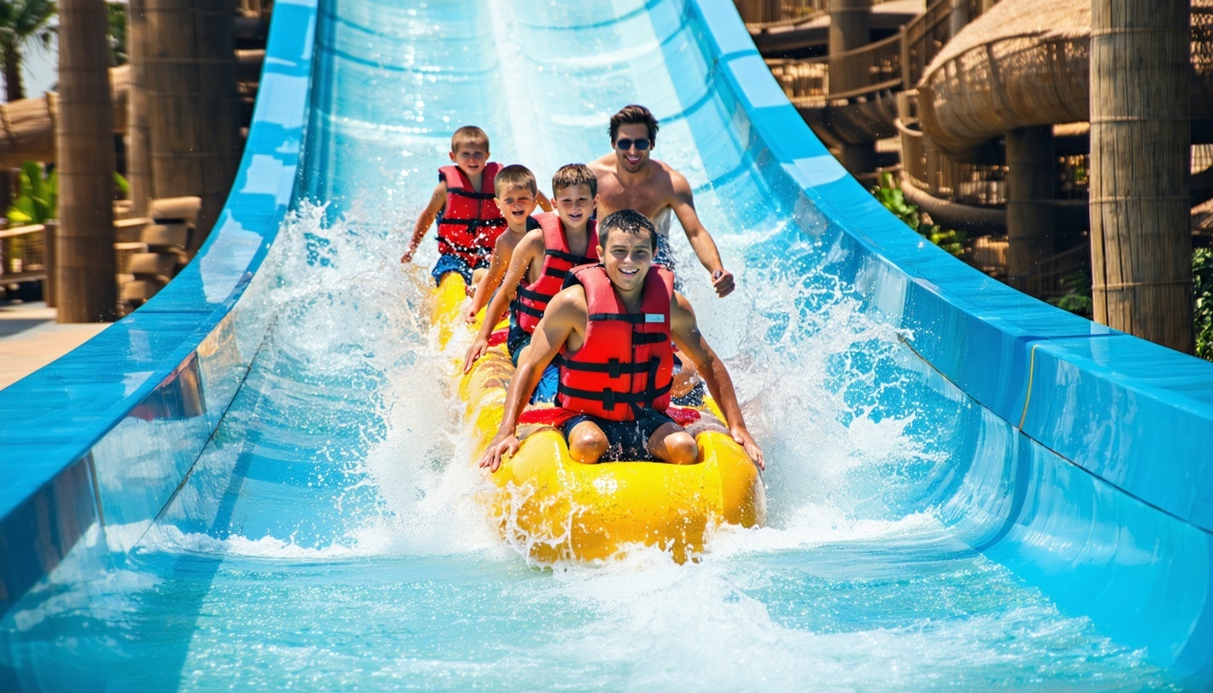 Family enjoying thrilling water slides at Aquaventure World Dubai