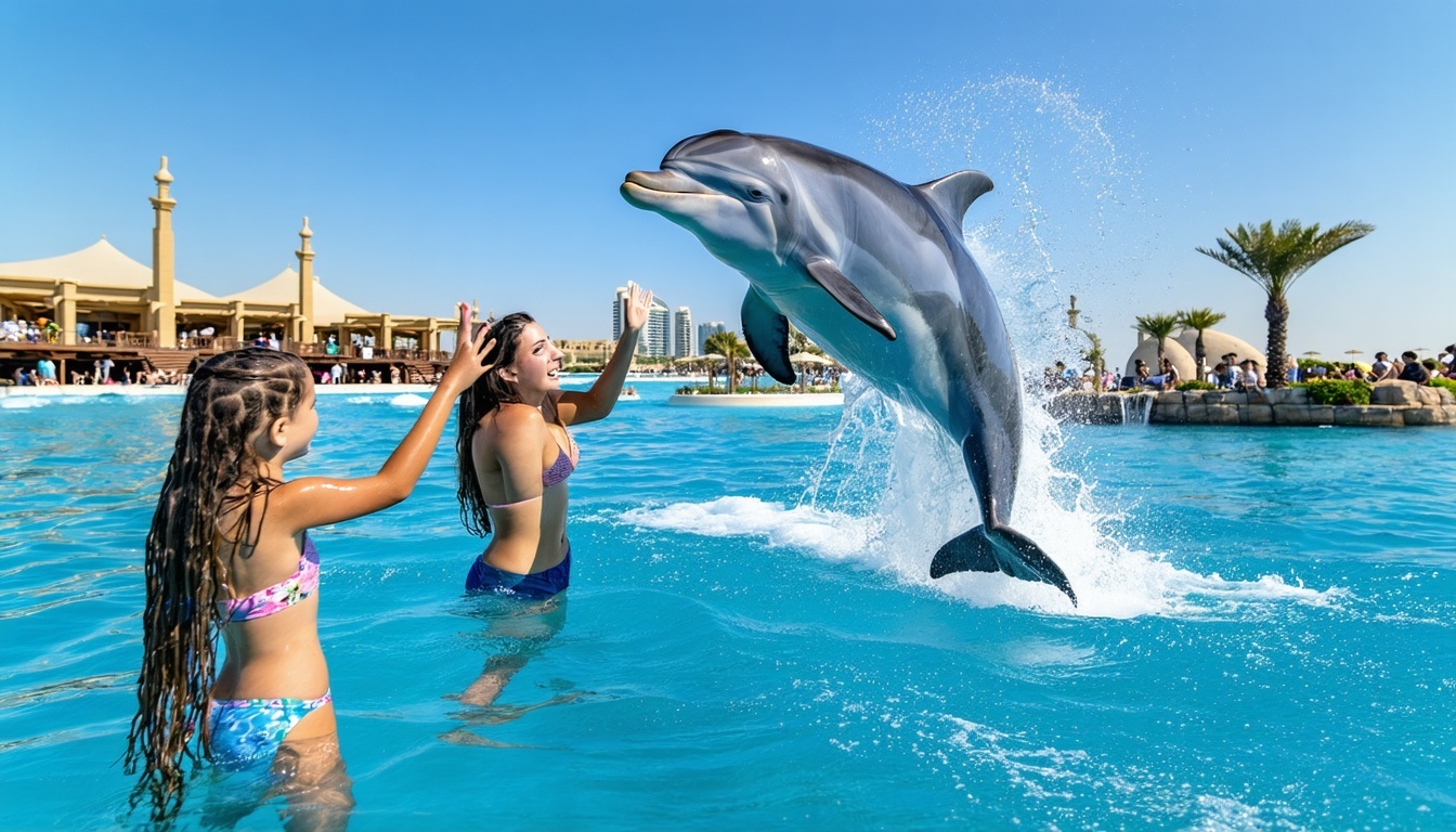 Visitors interacting with dolphins at Aquaventure World Dubai